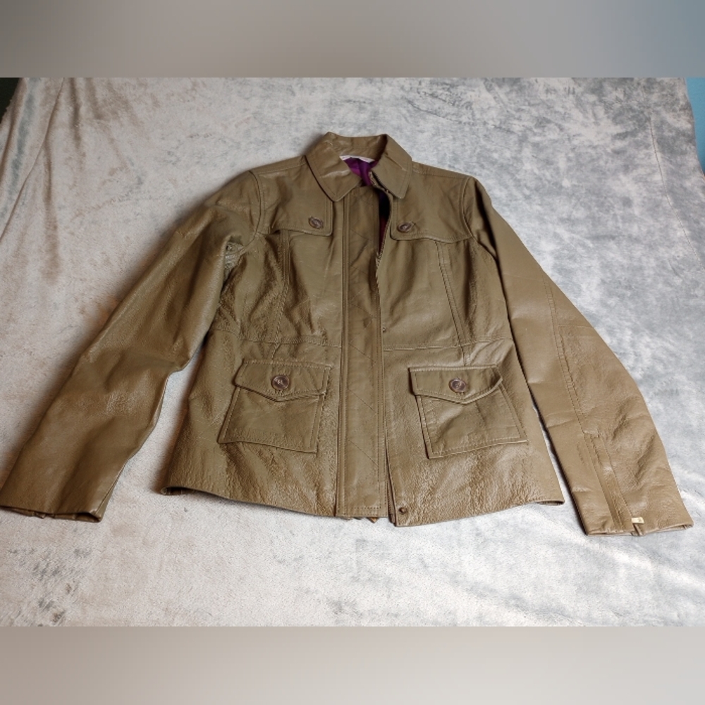 Isaac Mizrahi Live Leather Jacket Coat,Long Sleeve Olive Green,Women Size XXS